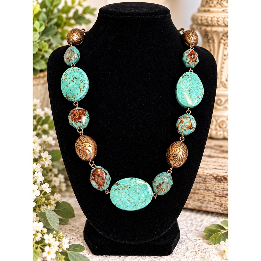 Boho Chunky Faux Turquoise and Copper Sunflower Bead Statement Necklace